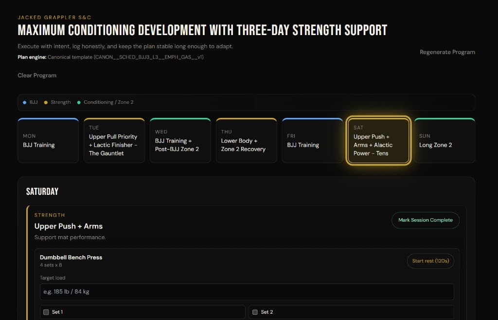Jacked Grappler S&C app screenshot — weekly program and session view